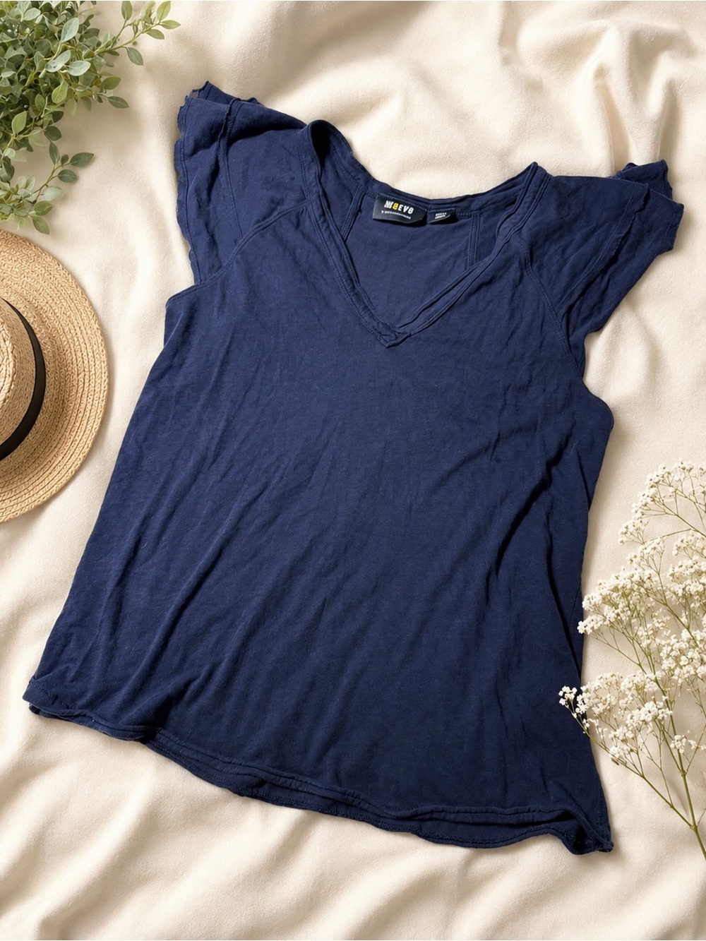 Maeve Navy V-Neck Flutter Sleeve Tee